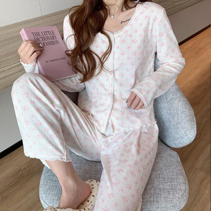 Korean Pink Lace Pajama Set - Spring/Autumn Comfort Wear for Women