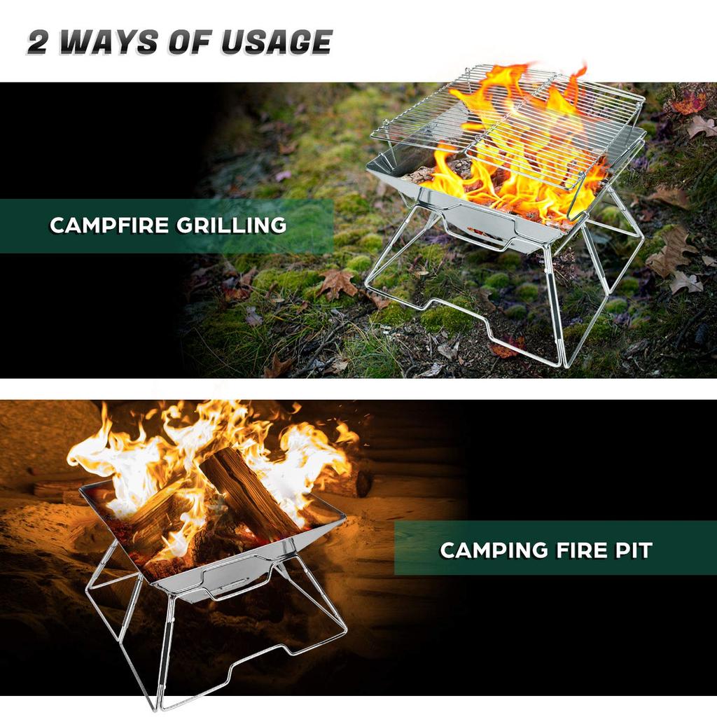 Folding Campfire Grill Stainless Steel Grate Barbeque Grill Portable Camping Grill with Legs for Picnics Backpacking Outdoor