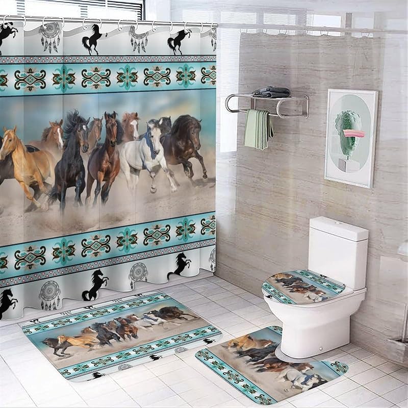 Rustic Aztec Horse 4 Pieces Shower Curtain Set,Boho Abstract Tribal Farmhouse Western Desert Horse Non-Slip Rugs Toilet Lid Cover Bath Mat and