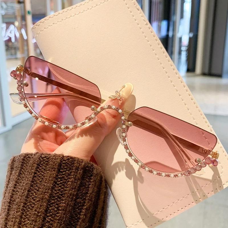 New Vintage Half Frame Cat Eye Sunglasses Women Luxury Brand Designer Sun Glasses Punk Popular Diamond Metal Eyewear Uv400