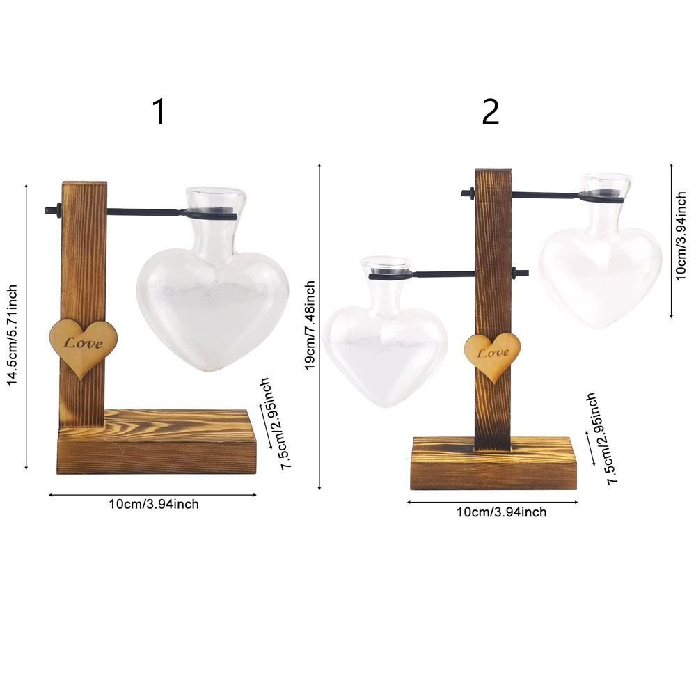 Heart Shape Hydroponic Flower Vase Wooden Stand Transparent Glass Vase Wood Frame Vase Home