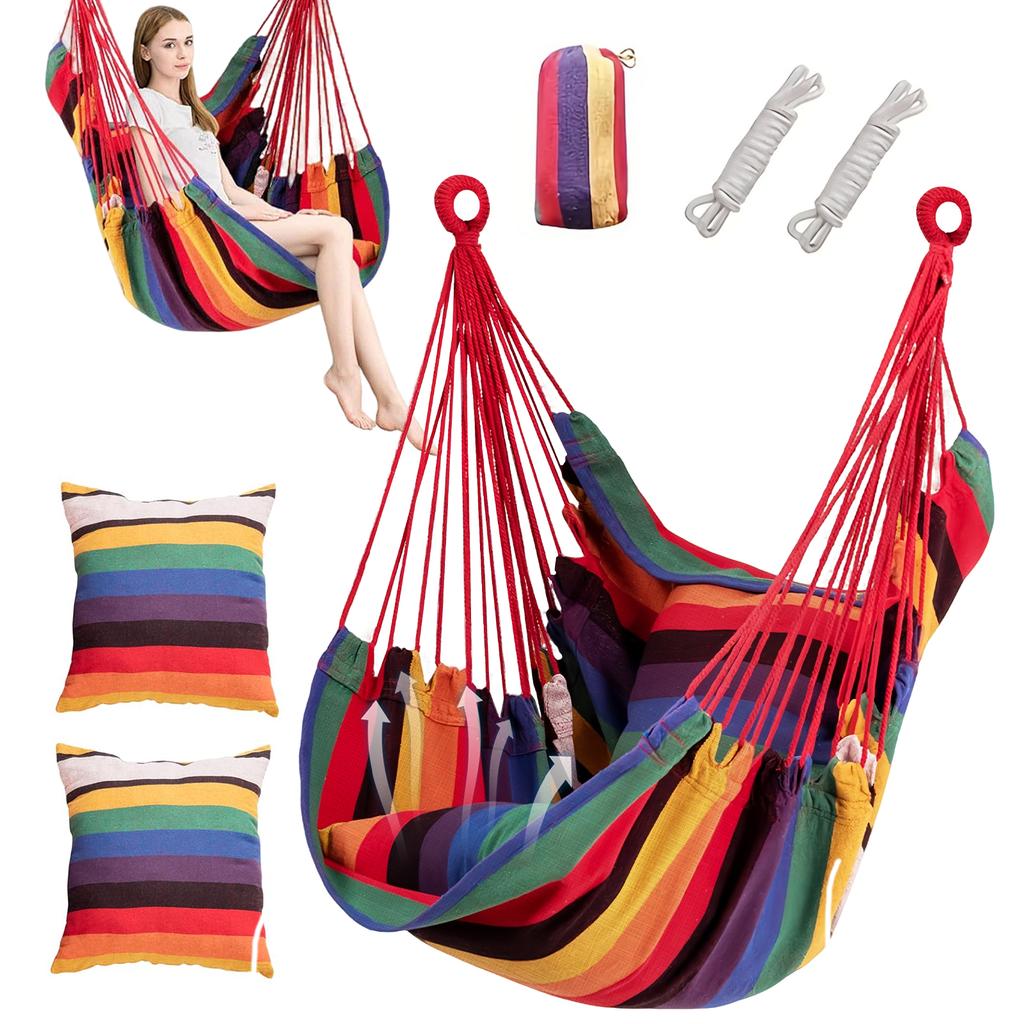 Gestreifte Canvas Hängemattenstuhl Outdoor/Indoor Hängesessel Einzelner Freizeit Schaukel 200KG Breite Tragfähigkeit Garten Strand Camping Hängematte