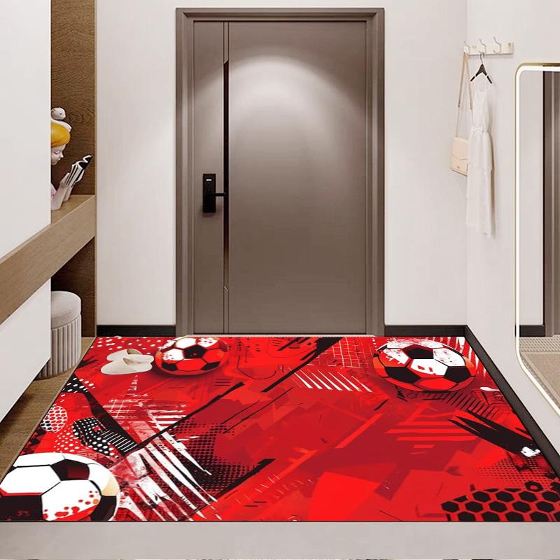 Red Graffiti Soccer Ball Geometric Print Area Rug Sport Theme Non Slip Rectangular Floor Mat Football Fan Gaming Room Bedroom Decor Rug