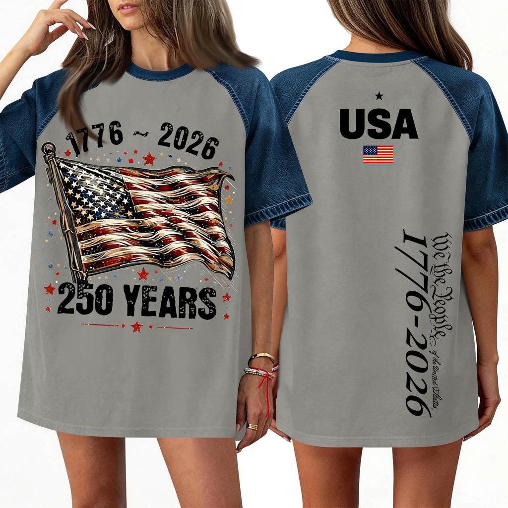 Women's Denim Patchwork Top, Casual Short-sleeved Comfortable T-shirt, Fashionable For Spring And Summer.