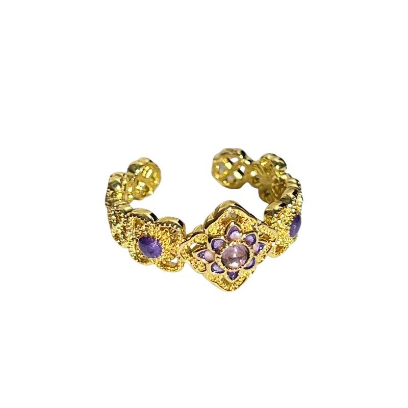 High-End Brown Colored Treasure Retro Flower Enamel Purple Dripping Oil Opening Ring Medieval French Retro Ring Woman