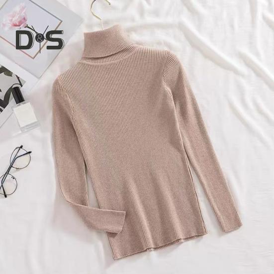 Women Knitted Base Top High Neck Long Sleeve Slim Shirt Solid Color Pullover Thin Sweater for Spring Autumn