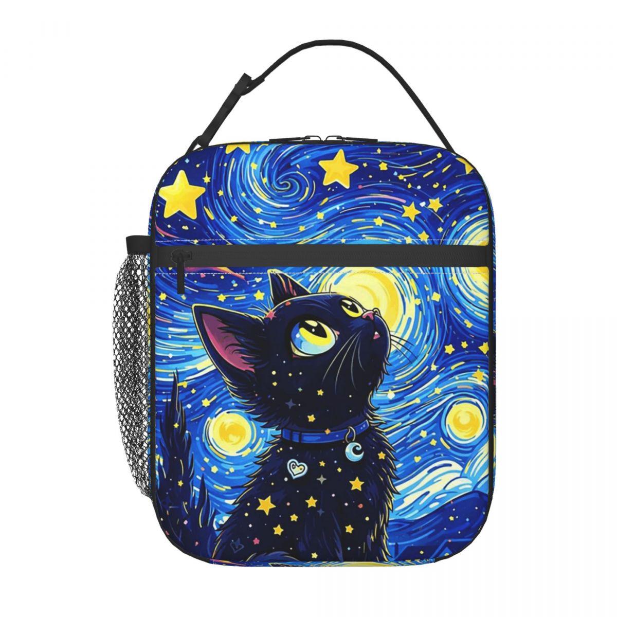 

The Black Cat Looks At The Starry Sky Insulated Lunch Bag for Women Cooler Thermal Food Box Tote Leakproof Lunch Boxes Container One Size
