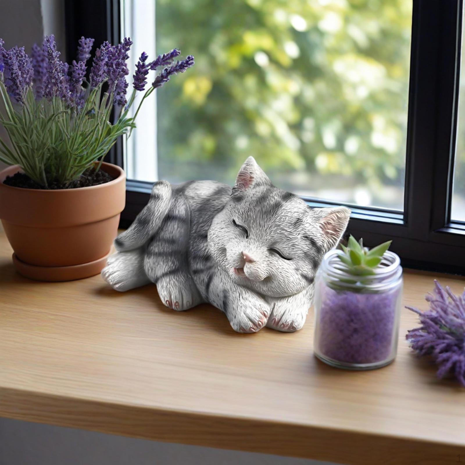 

Cat Figurine Animal Sculpture Cute Creative Yard Art Decor Tabletop Ornament for Patio Table Balcony серый