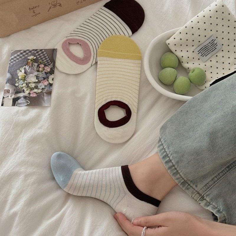Sock Children's Summer Lightweight Striped Ankle Socks with Invisible Shallow Opening, Anti-slip, Non-slip Off-the-heel Cotton Dopamine Short Socks