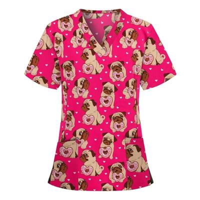 Medical Scrubs for Women Cute Animal Cartoon Print Vet Surgical Uniform Tops Fashion V-Neck Short Sleeve Scrub Pet Medical Woman
