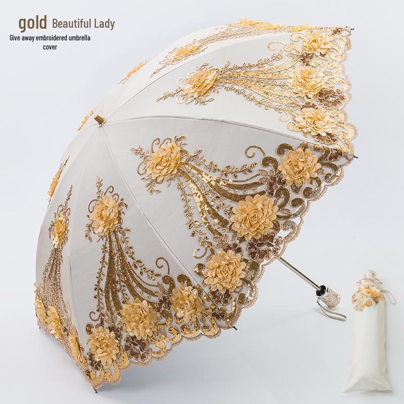 Lace Embroidery Sun & Rain Dual-Use UV Protection Folding Parasol Umbrella