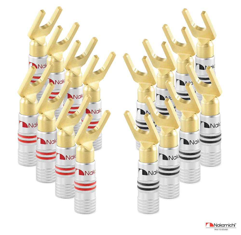 Nakamichi Excel Series 24K Gold Plated Spade Connectors 12-18 AWG 4mm for Speaker Amp Hi-Fi AV Stereo Home Theater Screw Type 16pcs 8 Pairs