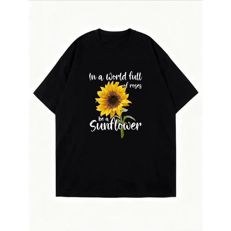 White Crew Neck T Shirt With Sunflower And Text Design For Casual Wear