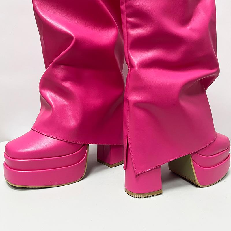 Fashion IPPEUM Fold Over Boots Women Orange Hot Pink Block Heel Knee High Plus Size 43 Platform Shoes y2k botas plataforma mujer