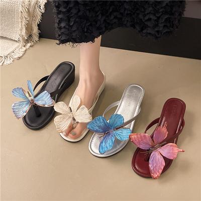 Niche Design Butterfly One-word Slippers Female Summer 2025 New High-heeled Slippers Fairy Style Thick-heeled Sandals