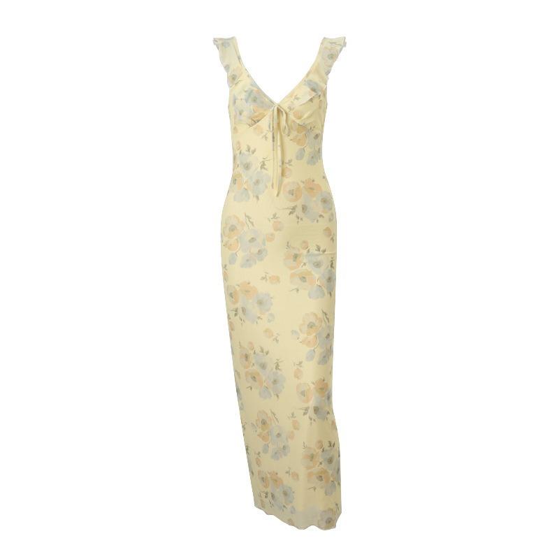 Abito Sospensorio Floreale Sexy alla Moda Scollo a V Basso Elegante Stile Vacanza Donna Pizzo Stringato Retro Slim Casual Abiti Lunghi da Festa Abbigliamento Femminile