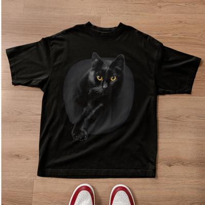 Schwarzes Katzenaugen Grafik T-Shirt Gothic Ästhetik Halloween Katzenliebhaber Tee