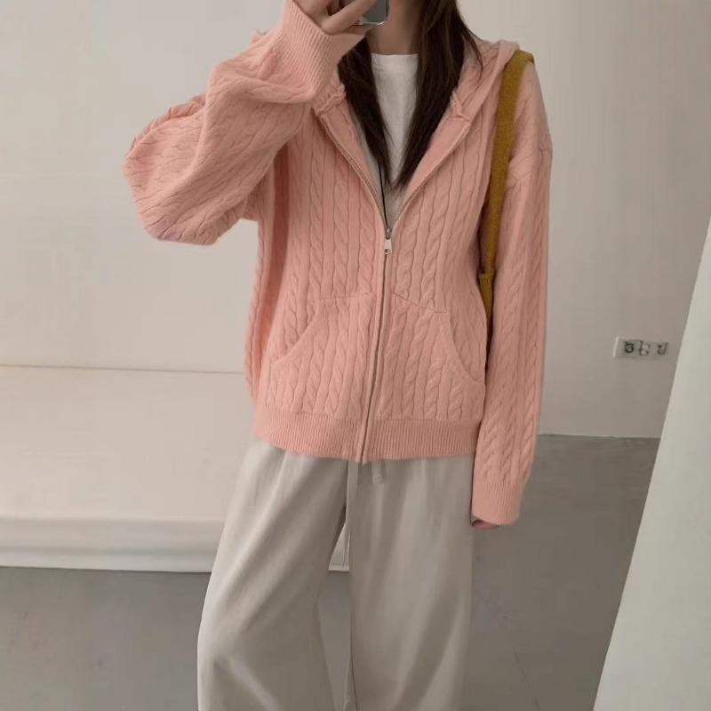 Retro Zopfmuster Reißverschluss Strickjacke Damen Herbst und Winter neu lässiger Stil locker und vielseitig Strickcardigan Top