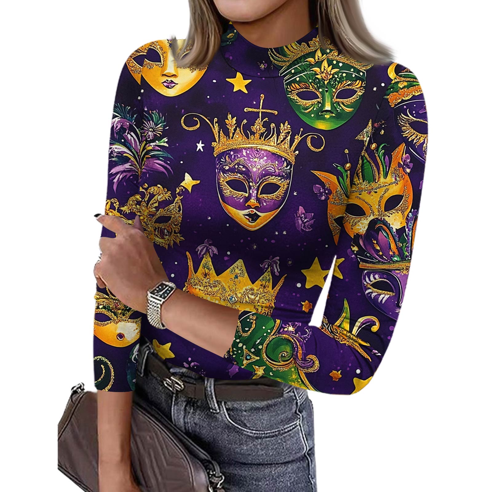 

Women s Slim Bottom T-shirt Fashion Casual Printing Round Neck Pullover 3/4 Sleeve Top L темно-зеленого