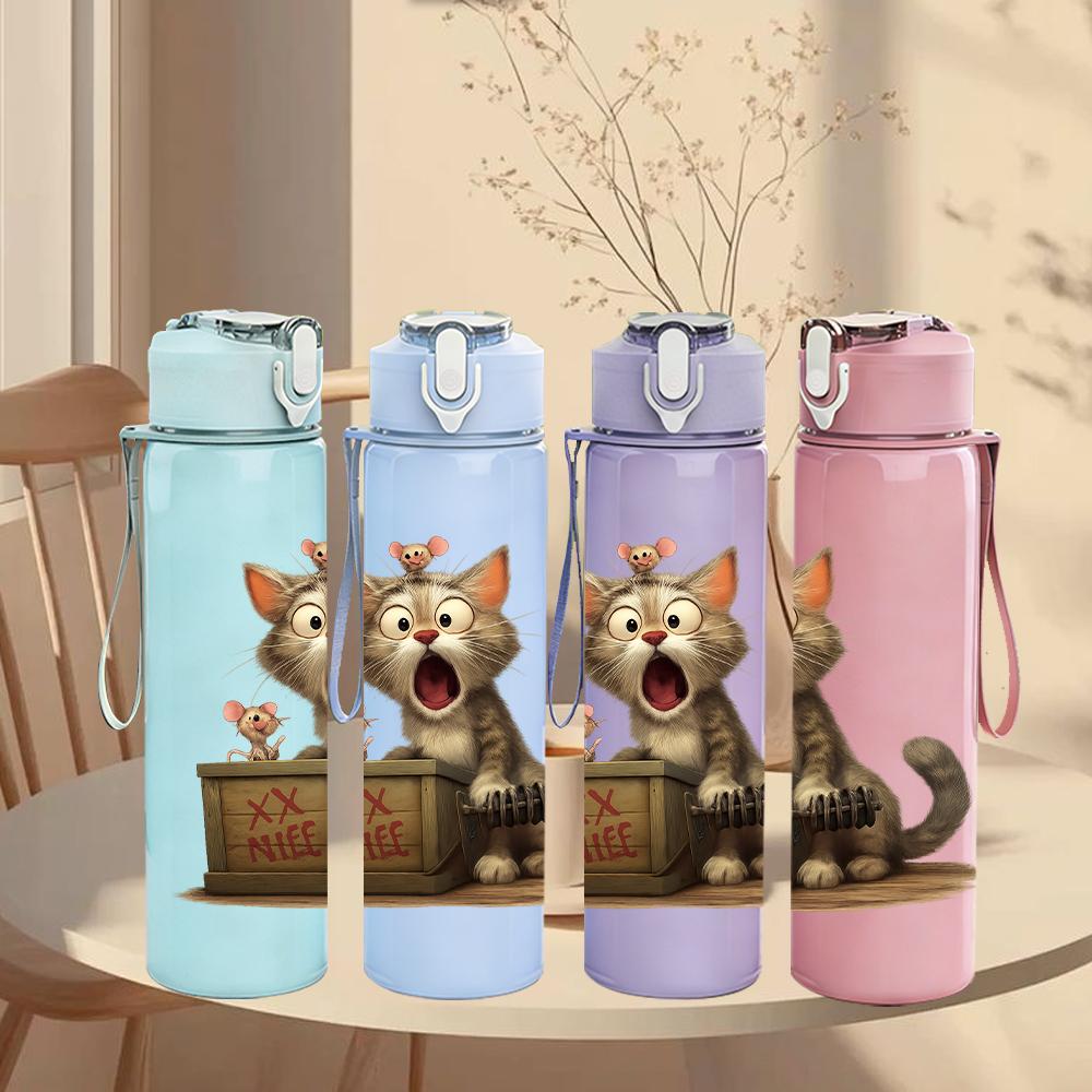 1PC Surprised Tabby Cat Bust 750ml Color Plastic Sports Water Bottle Leakproof Flip Straw Lid For Sports Office Home Use
