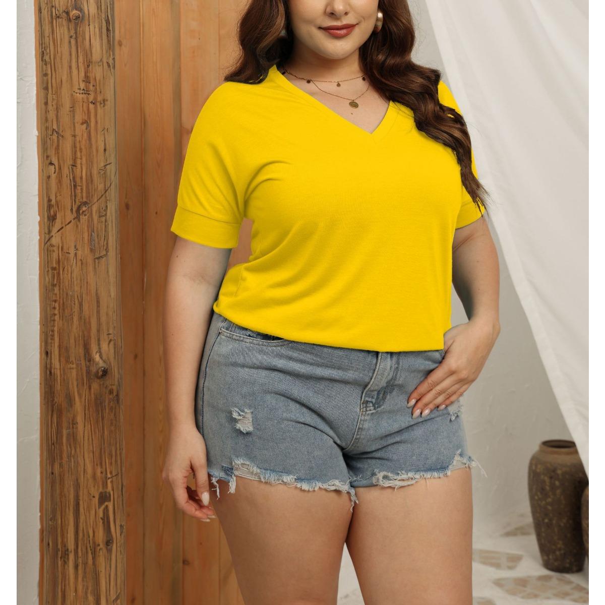 

Summer Plus Size Women s V-Neck Solid Color Loose Short Sleeve Casual Top XL жовтий