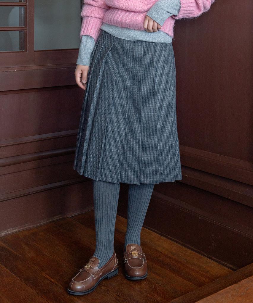 Tudument Check Pleated Midi Skirt Charcoal