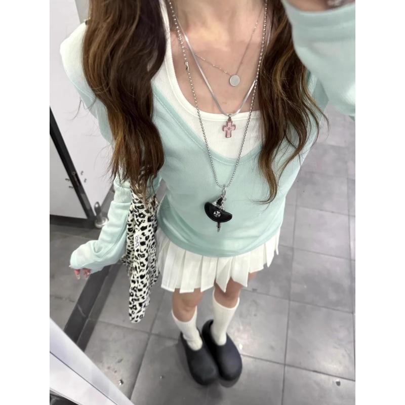 Small fresh mint green V-neck sunscreen shirt women's summer light and thin Tencel long-sleeved blouse slim-fitting bottoming top T-shirt