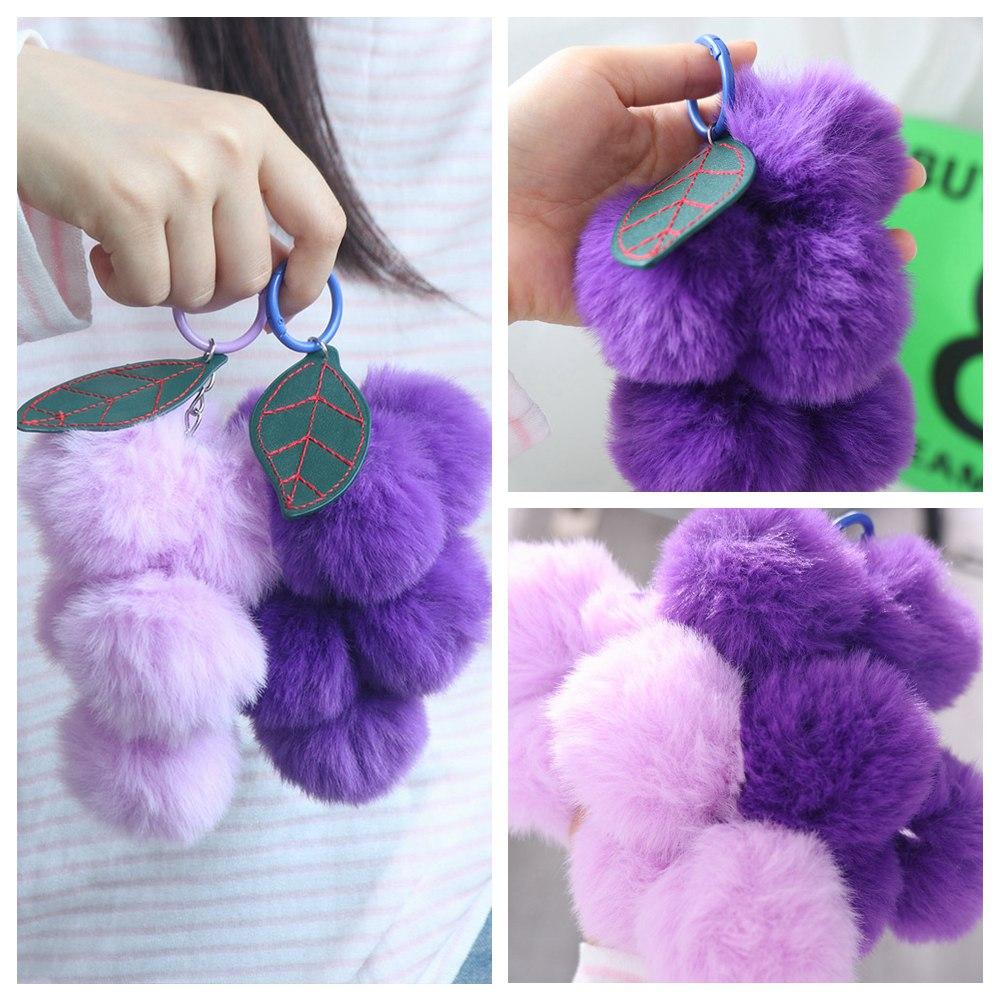 2Pcs Soft Plush Furry Grape Key Chain Charm Decor Pompoms Keyring Fruit Keychain Pendant  Purse