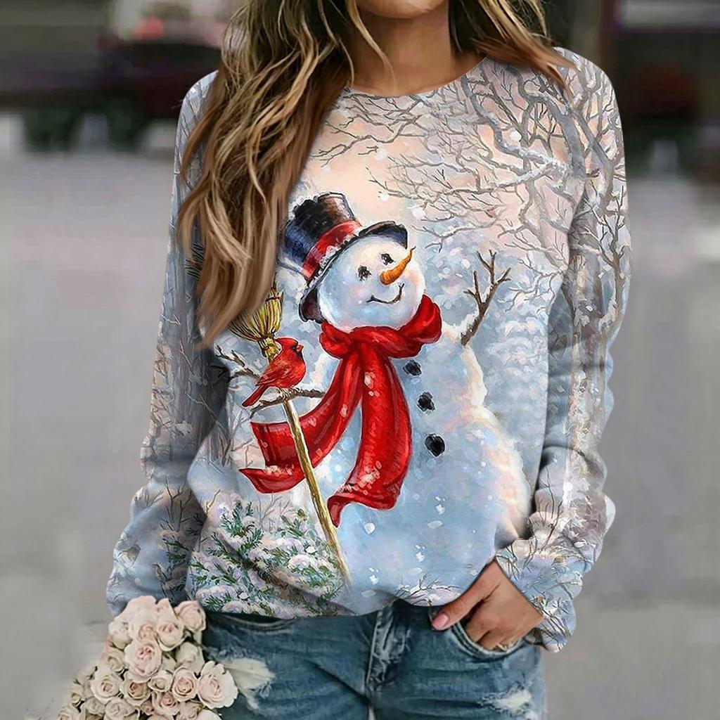 Women's Casual Neck Long Sleeve Raglan Christmas Print Pullover Sweatshirt