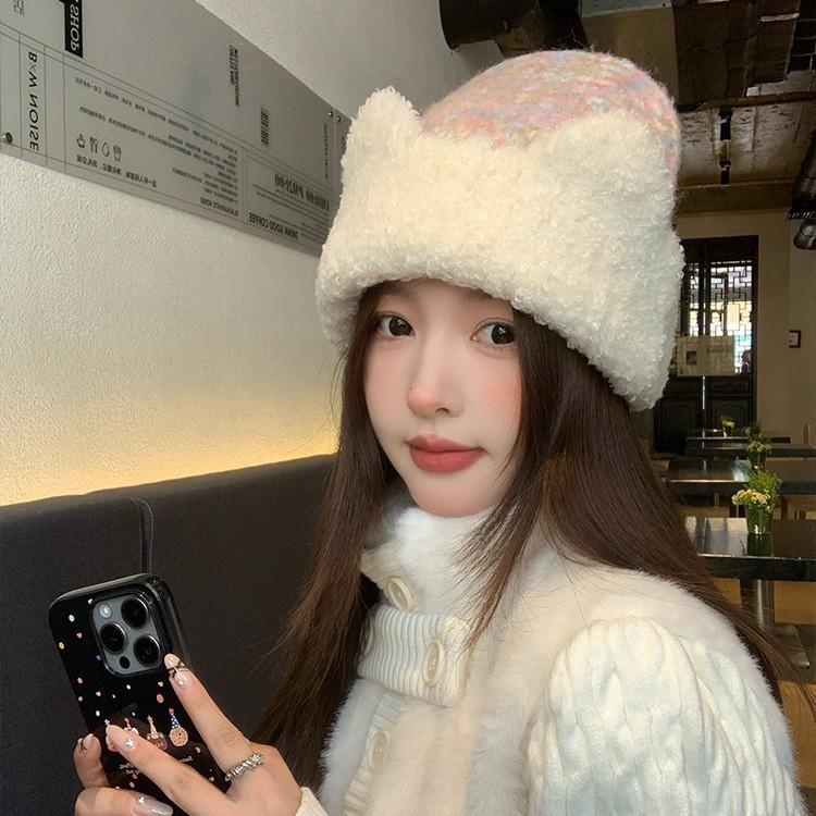 Cute Cat Ears Mixed Color Plush Knitted Hat for Women In Autumn and Winter Sweet Face-showing Small Woolen Hat Warm Ear Protection Hat