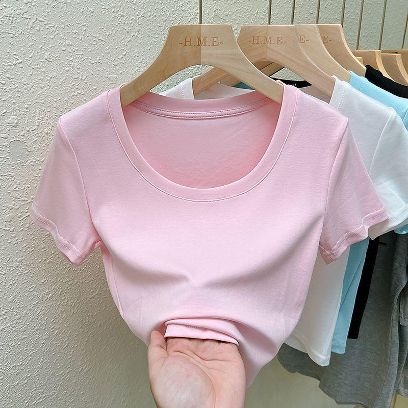 Real Shot Pure Color round Neck Cotton Short Sleeve T-shirt Summer New Arrival Women's Low Collar Pure Color Short Tops Plaid Inner Wear