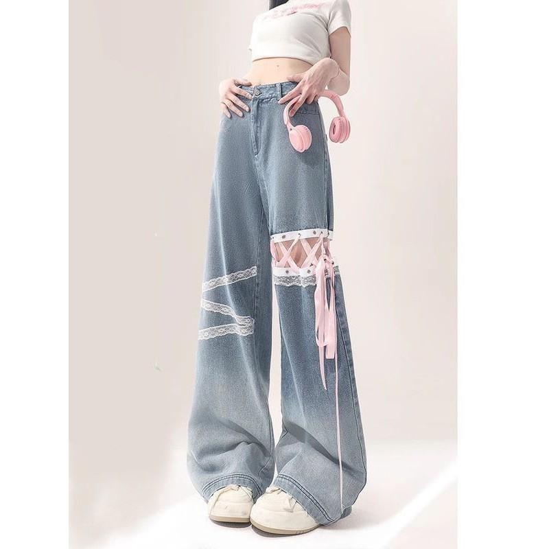 High-Waisted Wide Leg Denim Pants Women Plus Size With Lace Trim Tie Detail Gradient Chic Style XS
