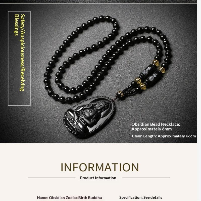 Black Obsidian Buddha Pendant Carved Design Beaded Chain Daily Wear Lucky Gift For Men Women