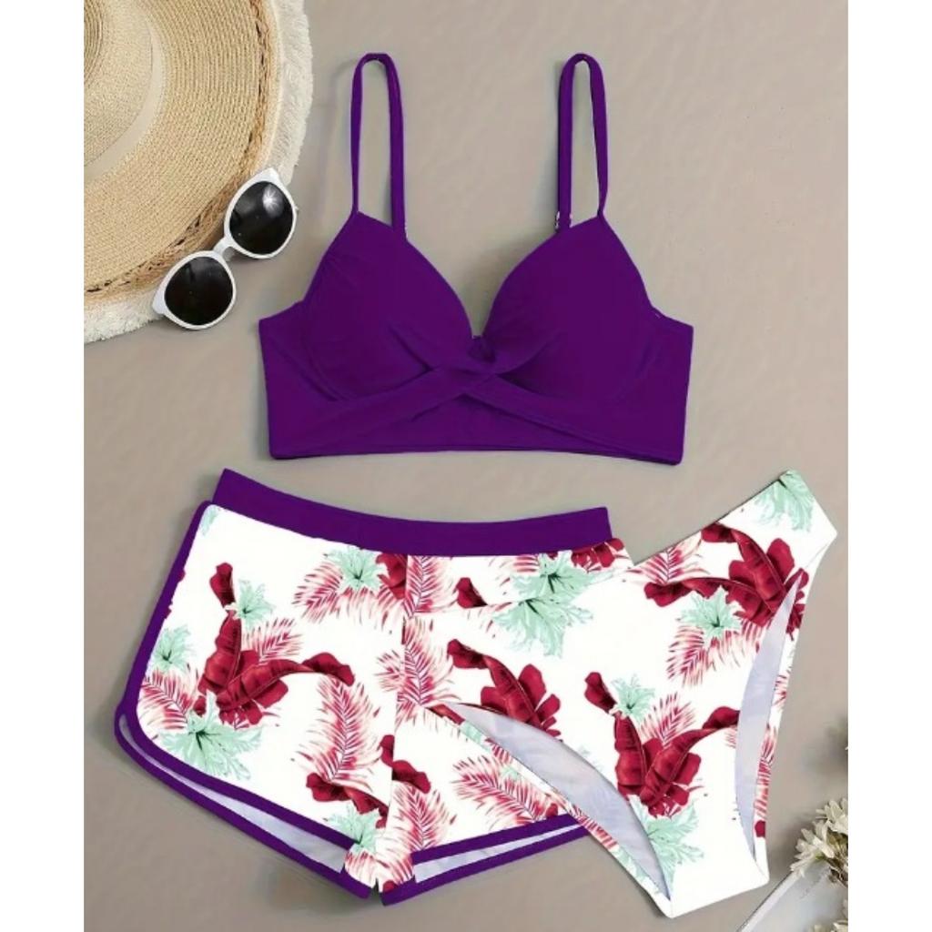 WOMEN'S FLORAL PRINTED BIKINI SET - V-neck, High Stretch Nylon and Elastane Blend, Opaque - Fashion Swimwear