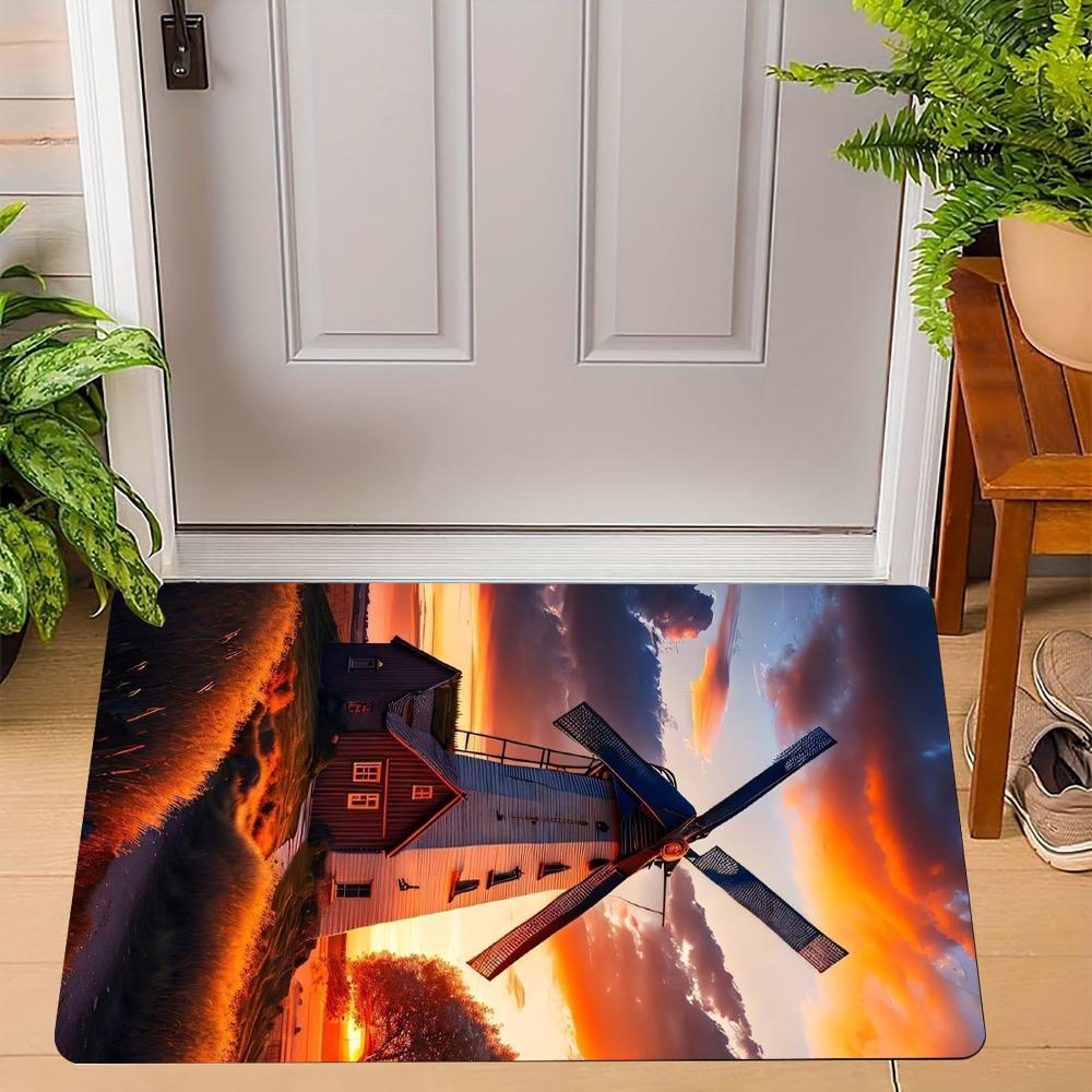 Vintage Windmill Door Mat With Scenic Rural Landscape Artistic Patterns Soft NonSlip Mat For Home Entrance, Patio, Balcony,