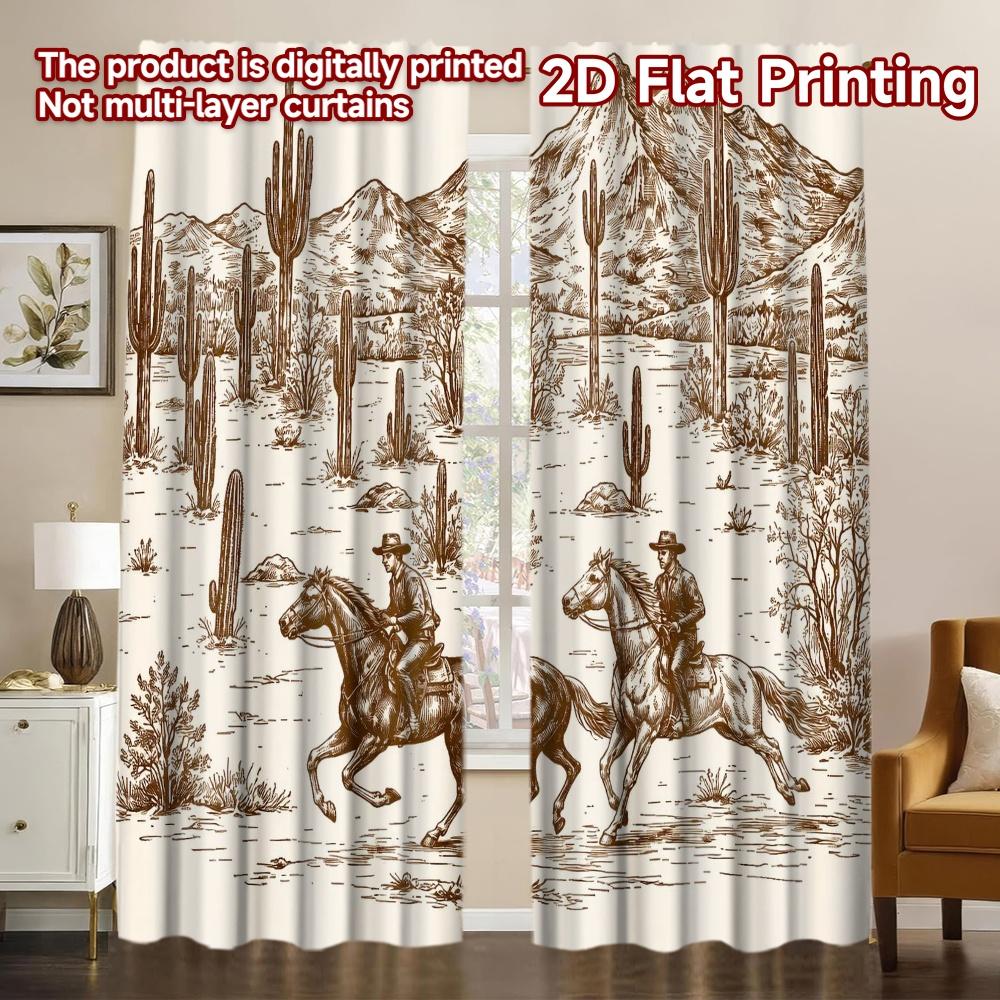 2D FLAT PRINTING 2pcs Curtains (Without Rod) Cowboys Riding in Desert Contemporary Popular Curtains Yarn Curtains Holiday