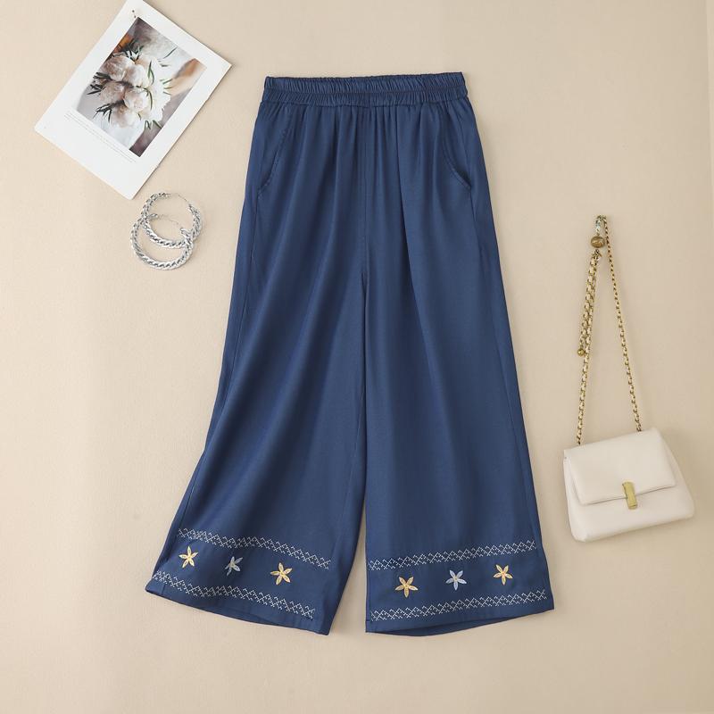 ZANZEA Women Casual Elastic Waist Loose Embroidery Print Cropped Pants