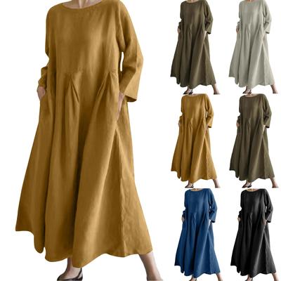 A Fashionable -color Round-neck, Long-sleeved, Loose And Large-swing Pocket Dress For Ladies