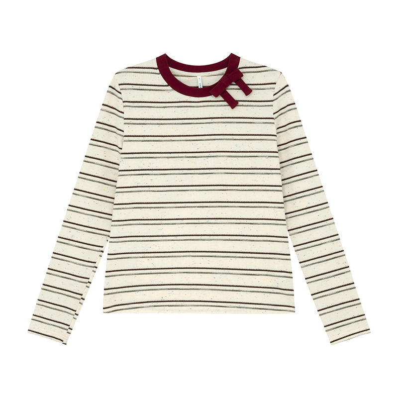 Women's Crew Neck Long Sleeve T Shirt Loose Fit Striped Cotton Bow Decor Soft Washed Fabric Casual Layering Top Spring Autumn Basic Tee