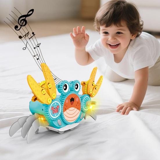 Electric Walking Gear Crab Toy with Music Light Cartoon Crawling Crab DIY Assembly Toy Toddlers Boys Girls Interactive Animal Musical Toy