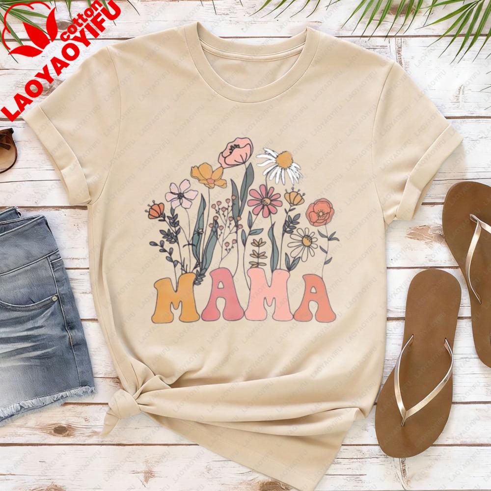 Mama Floral Shirt Women Mom Vintage Boho Wild Flowers Graphic Tshirt Cottagecore Gardening Tops Mothers Day Gift Casual Tee