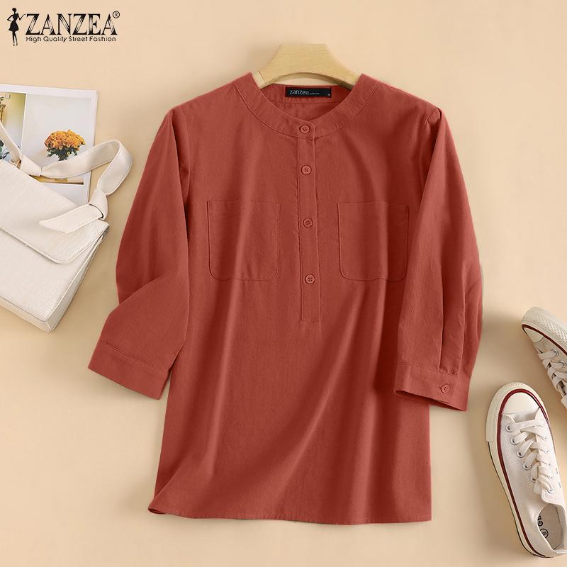 

ZANZEA Женская офисная однотонная свободная блузка с рукавом 3/4 и V-образным вырезом