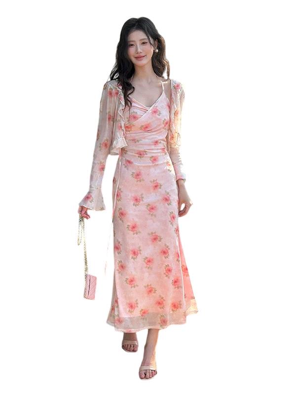 Thirteenth Line French Floral Camellia Spaghetti Strap Dress Set