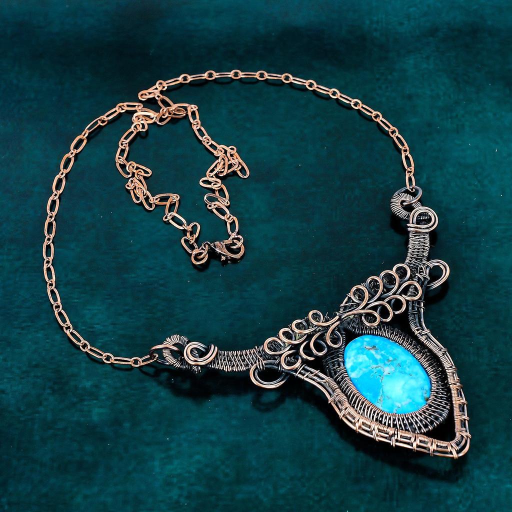 Tibetan Turquoise Necklace Copper Wire Wrapped Jewelry Handmade Adjustable Gemstone Necklace Gift for Her Anniversary Gift Jewelry for Women