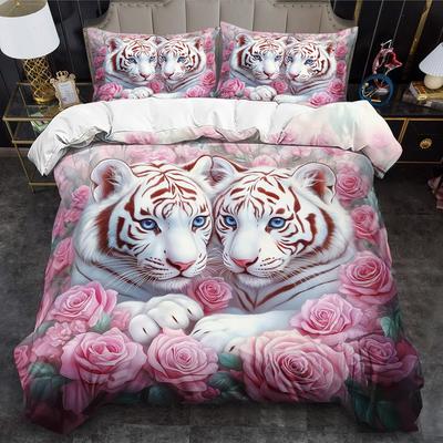 Kaijit White Tiger Theme Duvet Cover Set - 2/3Pcs, Soft, Comfortable And Breathable, Animal Flower Pattern Print Bedding Set