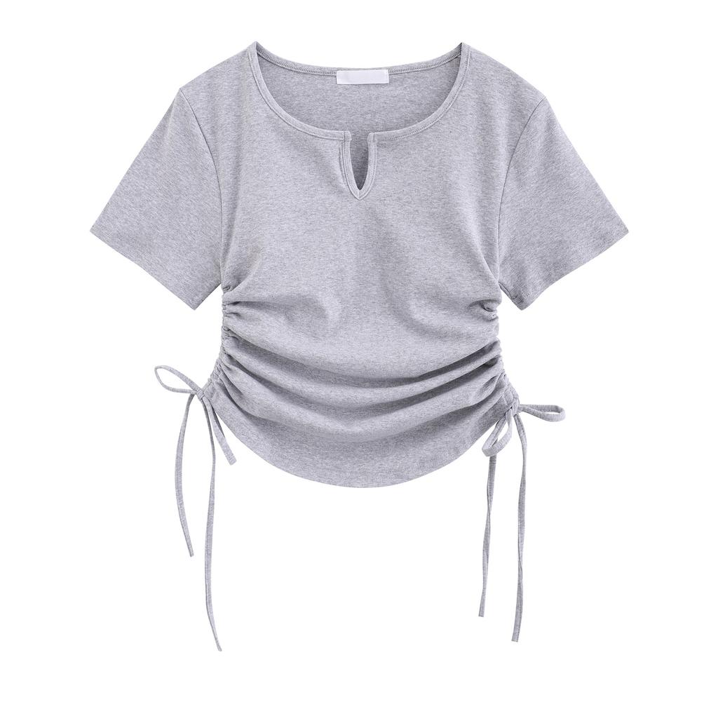 Design-sensual Drawstring Slim Short-sleeved T-shirt with Waist-exposed Sweet and Spicy Style Women's Summer New Sweet Shoulder Top
