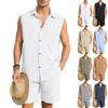 Men's European and American Linen Casual Short-Sleeve Button-Down Shirt & Vest Shorts Set
