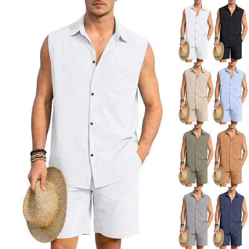 Men's European and American Linen Casual Short-Sleeve Button-Down Shirt & Vest Shorts Set