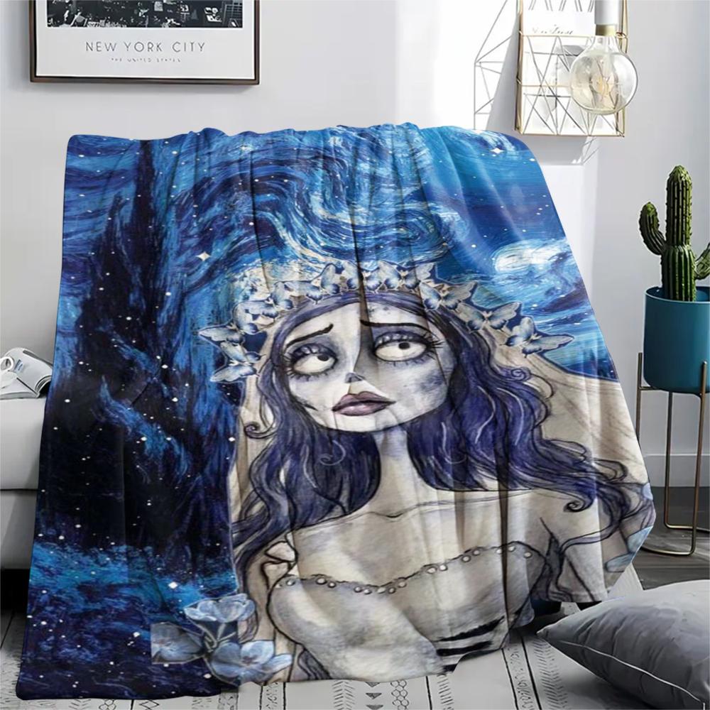1Pc Corpse Bride Cartoon Print Flannel Blanket, High Quality Comfortable for All Seasons, Home Decor, Warmth and Comfort, Perfect for Gifts