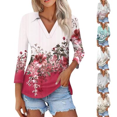 Women's Summer Fashion Casual  Print V-Neck Three Quarter Sleeve  Shirt Top